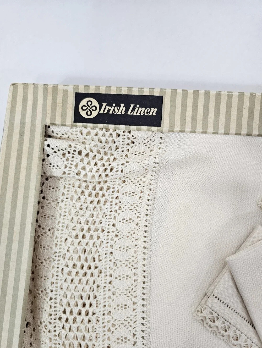 Old Bleach Irish Linen Tablecloth Set in Off-White with Crochet Trim